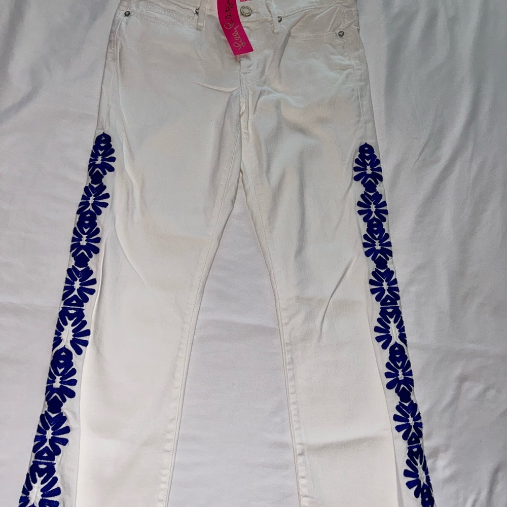 NWT Lilly Pulitzer South Ocean Lapis Embroidery Crop Flare white jeans sz8